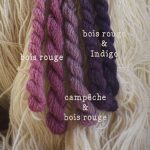 Cinq nuances de bois rouge sur laine du rose au bleu en passant par le violet